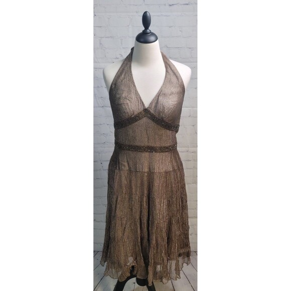 Vintage Cache Womens Halter Dress Size 10 Bronze Metallic Crinkled Silk Beaded - Picture 1 of 10